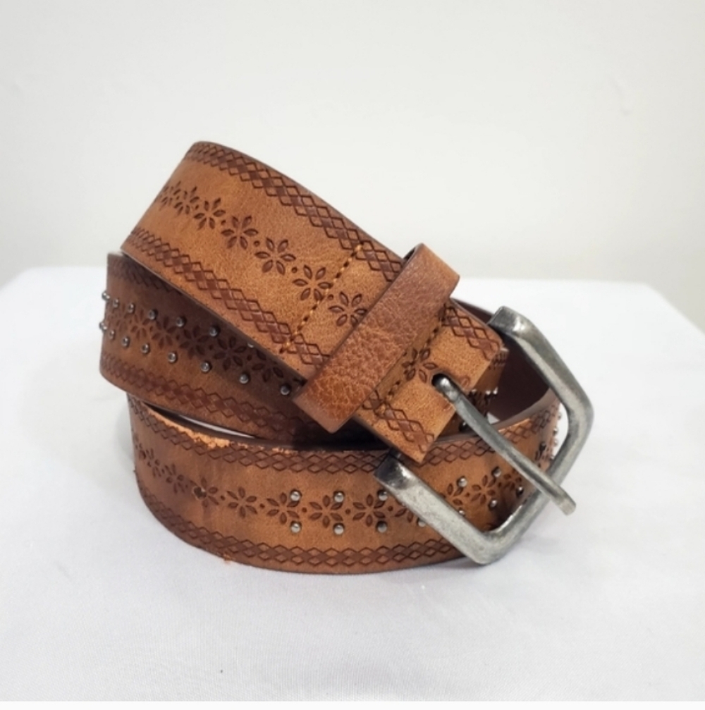 Brown Floral Tooled Belt with Stud Accents